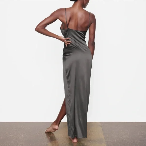 NWT: SKIMS: Silk Sleep Slip w/high slit—Gunmetal - Picture 4 of 5